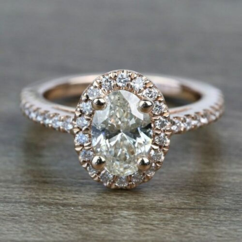 1.50 Ct Oval Diamond Halo Wedding Ring VVS1/D Moissanite Gemstone Rose Silver
